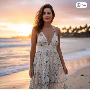 NWT Ananta Elegant Blue and Cream Maxi Dress